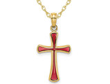 14K Yellow Gold Cross Pendant Necklace with Pink Enamel and Chain 